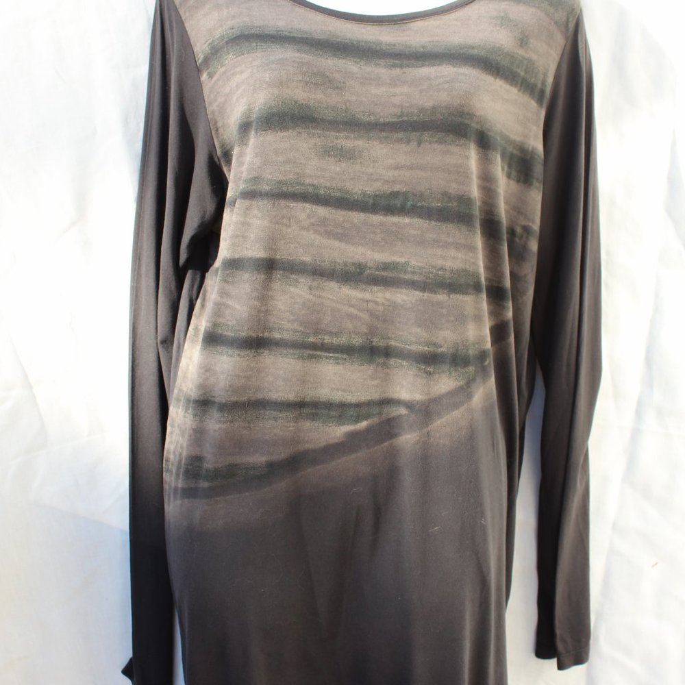 MOYURU Print Tunic Top Shirt Dress L Asymmetric Black Gray Cotton Abstract